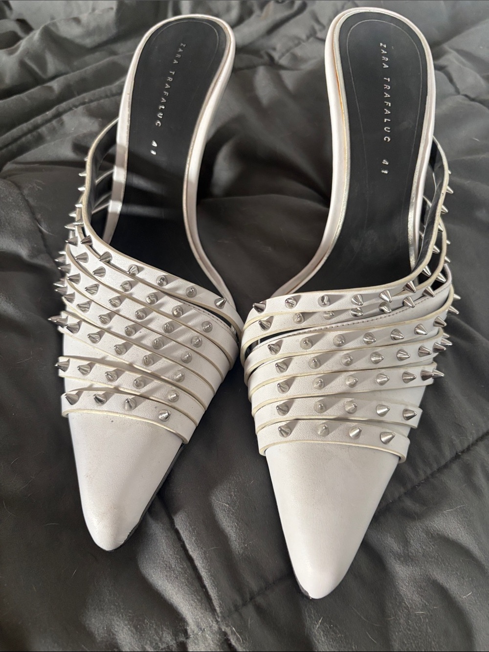 Zara White Pointed Studded Slip-On Mules